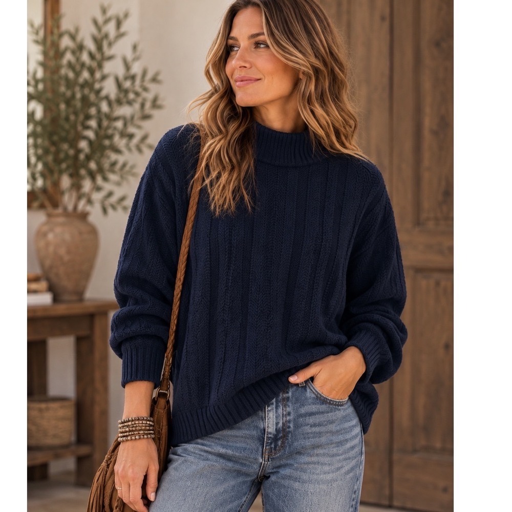 St. John Collection Marie Gray Blue Mock Neck Cable Knit Sweater Medium